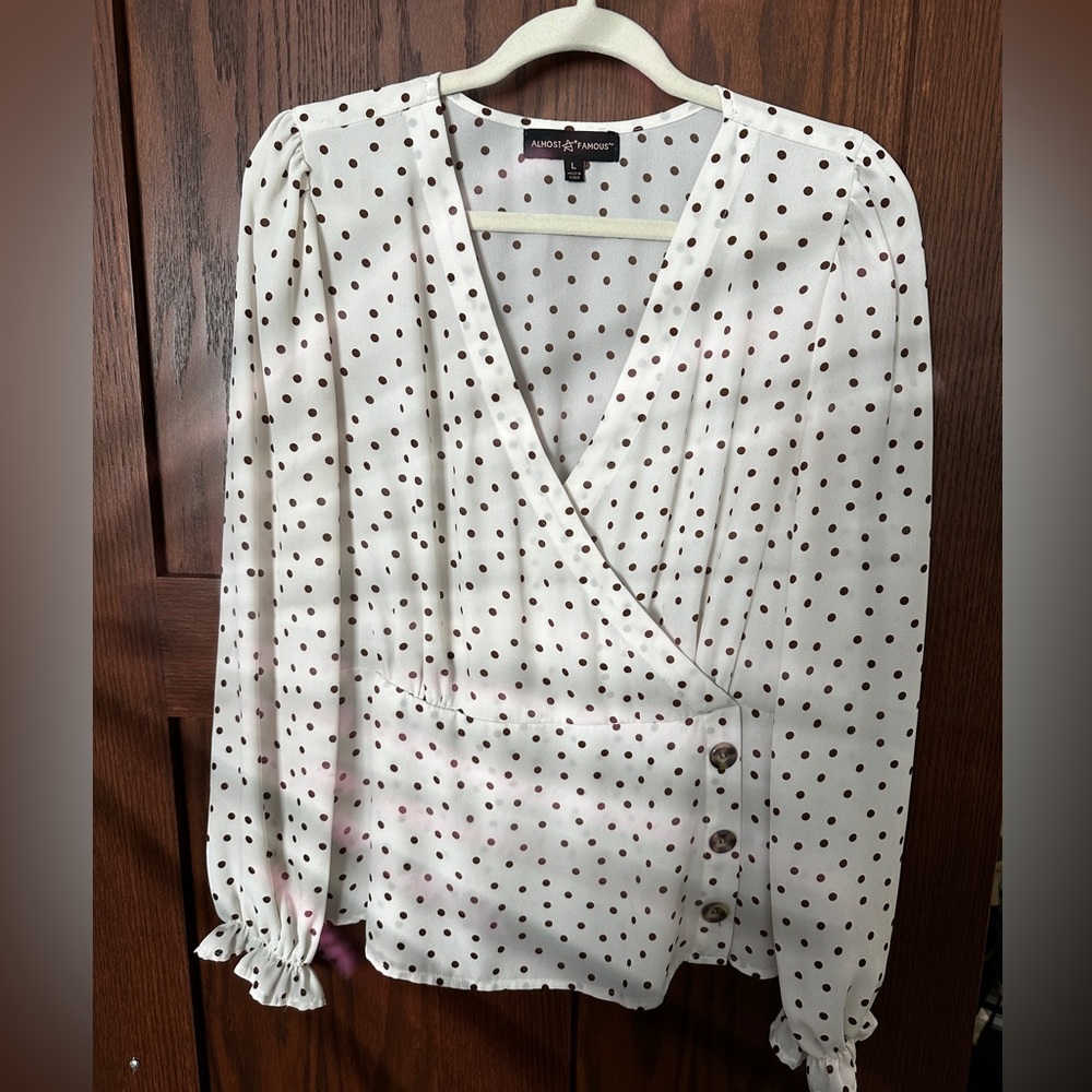 Almost Famous White and Brown Polka Dot Blouse
